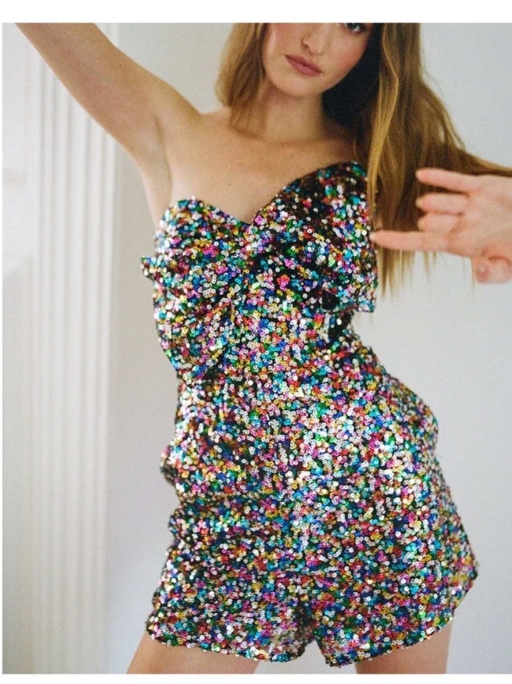 BRAND NEW Hutch Lola Bow-Front Rainbow Sequin Strapless Romper